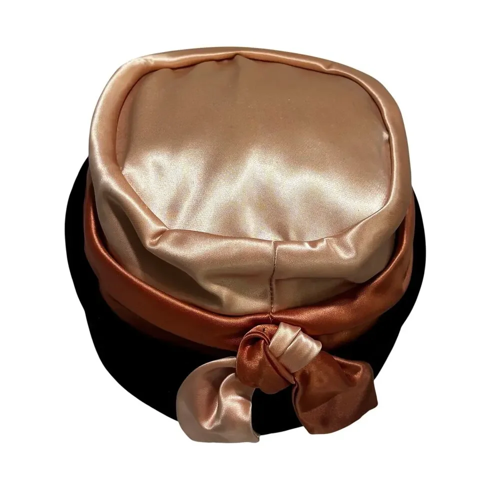 Vintage Turban Pillbox hat two toned pink blush satin & black velvet Size 22